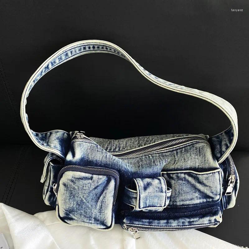 イブニングバッグ女性のためのモトバイカーデニム高級デザイナーハンドバッグ財布2023 Y2K複数のポケット洗浄布脇の下肩