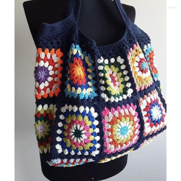 Bolsos de noche azul marino/blanco Granny Square Crochet bolso de hombro tejido flor colorida a cuadros lindo monedero Boho Hippie bolso para mujer