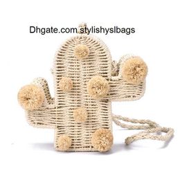 Abendtaschen Neue hochwertige Strandtasche Kaktus Rattan Tasche Strohtasche Sommertaschen mit Pom Damen Messenger Handtasche geflochten