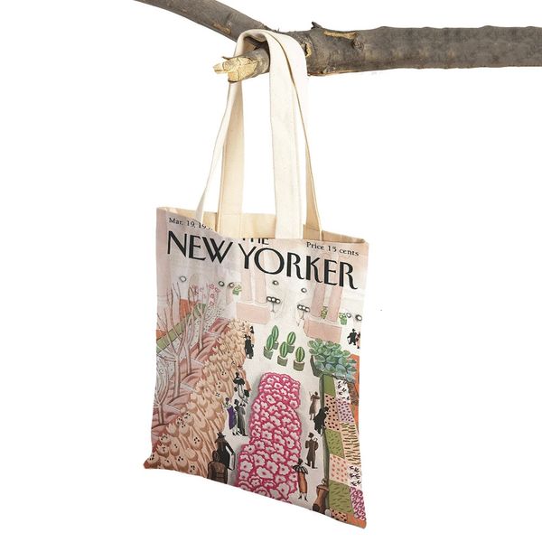 Bolsas de noche Nordic The Yorker City Magazine Mujeres Compras Doble Impresión Casual Shopper Bag Lady Canvas Tote Leaf Travel Handbag 231024