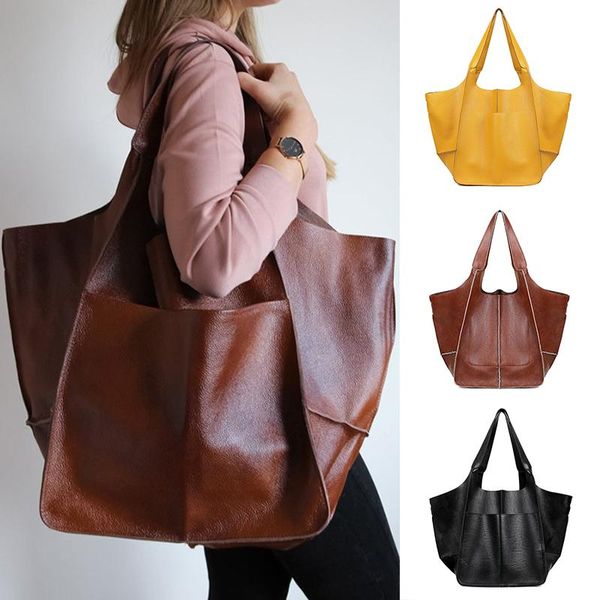 Bolsos de noche de gran tamaño, informales, suaves y de gran capacidad, bolsos de moda para mujer, bolsos de lujo, bolso de hombro de cuero de Pu, bolsos de compras Retro