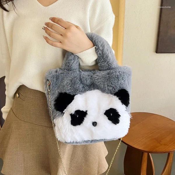 Bolsos de noche Panda Peluche Bolso de mujer Pequeño Mensajero de piel Y2K Eco Coreano Satchels Soft Furry Hombro Cadenas cruzadas Bolsos esponjosos