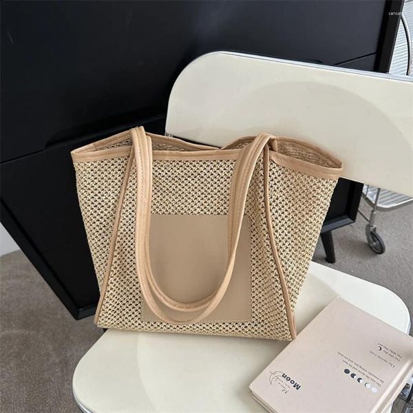 Sacs de soirée Patchwork Sac de plage pour les vacances avec PU Cuir Zipper Portefeuille Femmes Épaule Été Paille Fourre-tout Creux Out Weave Sac à main