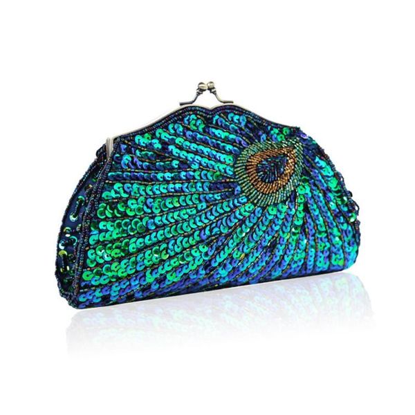 Bolsos de noche Peacock Patrón de plumas de lentejuelas Partido de boda Bolso bolso Bolso de mujer Cadena vintage pequeña con billetera bolsaevening