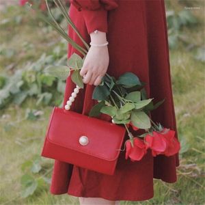 Bolsos de noche, bolso con asa de perlas para mujer, bandolera de hombro 2023, bolso de mano para cena y boda, bolso cruzado de piel sintética de lujo Vintage rojo