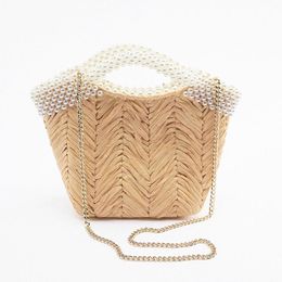 Sacs de soirée Personnalité Z Summer A Lady Fresh And Sweet Pearl Handle Straw Bag Women's Shoulder Crossbody BagSoirée