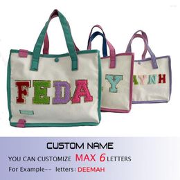 Bordado de chenilla personalizado Bolsa de lona de algodón hasta 6 letras-bolso de bolso de bolsas de bolso Top botón de cierre de botón Nombre personalizado