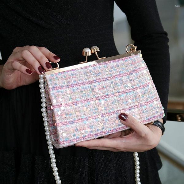 Bolsos de noche, bolsos de mano rosas para mujer, bolso de diseñador de lujo a cuadros con lentejuelas, cadena de perlas 2023, bolsos de mano con purpurina a cuadros de hombro Vintage para fiesta