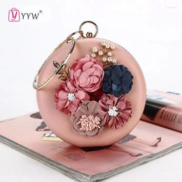 Avondtassen roze ronde bloemenkoppelingszak 2024 dames cirkelvormige ring handtas plastic parel strass bruiloft tas pohette femme