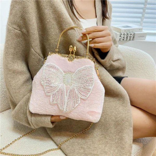 Bolsas de noche Pink White Fairy Bolsos de felpa Lindo Pearl Bow Embragues para mujeres Moda Bolso de terciopelo suave Chian Hombro Crossbody