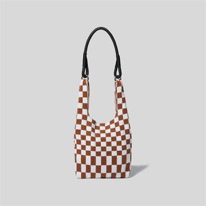 Avondtassen Plaid Crochet Schouder Voor Dames Mode Japanse Knit Elastici Dames Shopper Bag PU Lederen Handvat Winter Vrouwelijke Tote