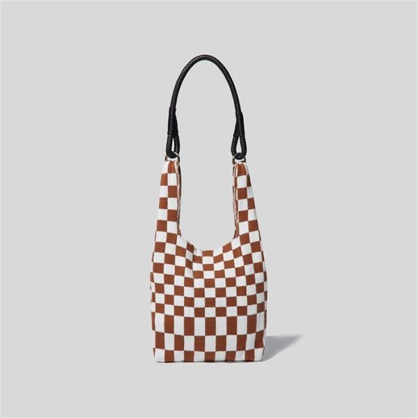 Sacs de soirée Plaid Crochet Épaule Pour Femmes Mode Japonais Tricot Elastici Dames Shopper Sac PU Poignée En Cuir Hiver Femelle To236P