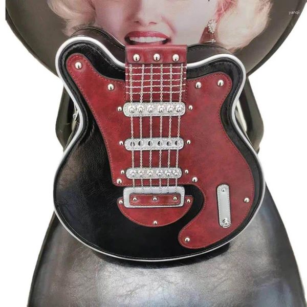 Bolsas de noche Pooflower Divertida guitarra en forma de PU Hombro de cuero para mujeres Cadenas de diseñador Color Patchwork Crossbody Bag ZH890