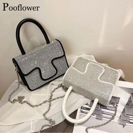 Sacs de soirée Pooflower Luxe Diamant Main Pour Femmes Mode Petit PU En Cuir Bandoulière Sac Femme Chaînes Épaule Bourse Bolso ZH393