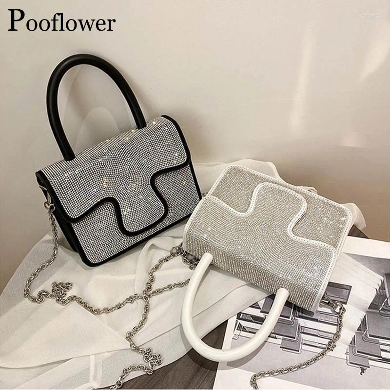 Sacos de noite Pooflower Luxo Diamante Mão para Mulheres Moda Pequena PU Couro Crossbody Bolsa Femme Correntes Bolsa de Ombro Bolso ZH393