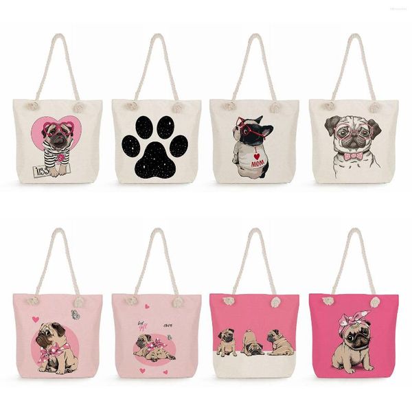 Bolsos de noche Pug con estampado de dibujos animados de lino alto de cuerda gruesa de verano para mujer