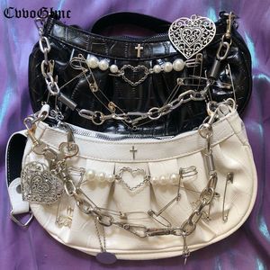 Sacs de soirée Punk Y2K Épaule Bandoulière Femmes Vintage Harajuku Gothique Croix Clip Perle Chaîne Plissée Embrayage Sac À Main et Bourse 230331