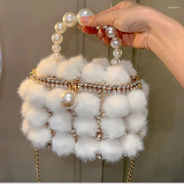 Bolsas de noche Embrague de piel real Mujeres Bolsa de cubo Boutique Pearl Handle Color brillante Glitter Rhinestone Monedero Bolsos Boda nupcial