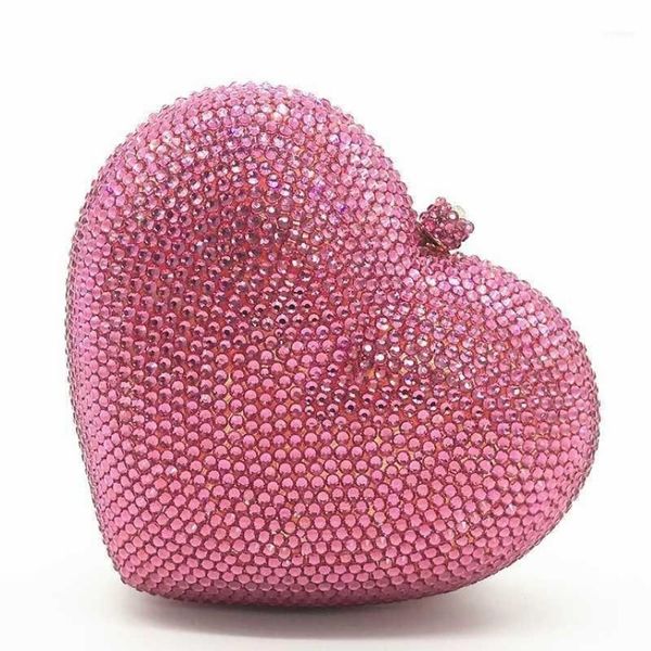 Bolsas de noche Red Full Diamond Mujeres Clutch Rhinestone Boda 2021 Crystal Heart Shaped Ladies Cena Bolsa Pink Clutches1221R