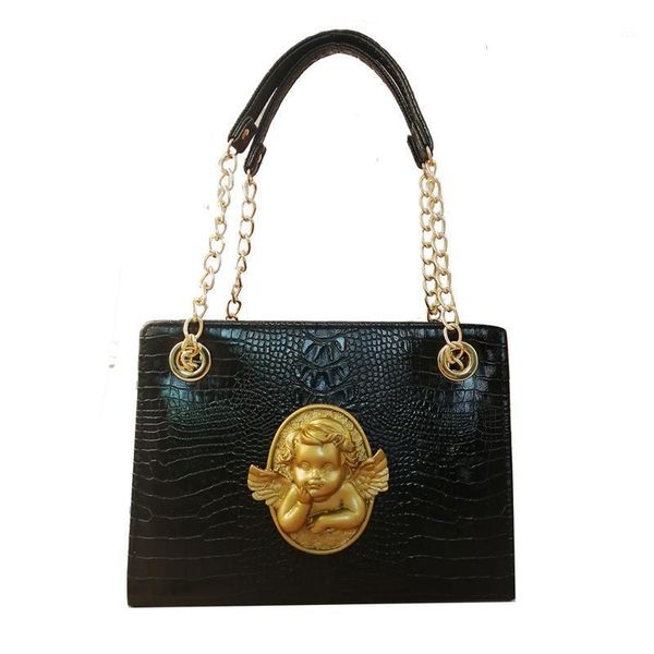 Bolsos de noche Bolsos de lujo barrocos retro para mujeres Totes con relieve de ángel Vintage Patrón de cocodrilo negro PU Hombro de cuero 2022