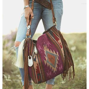 Bolsas de noche Retro Lona Hombro con borla Moda Geometría Patrón Bolso Nacional Flecos Bohemia Gran Hobo Tote