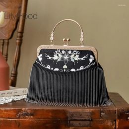 Sacs de soirée Rétro Chic Floral Broderie Fringe Kisslock Taille Moyenne Noir Sac À Main Vintage Élégant Bal Victorien Édouardien Sac Latéral