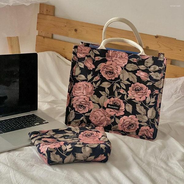 Sacs de soirée Sac fourre-tout de grande capacité pour femmes de conception rétro Rose Jacquard dames épaule Vintage fleur femme Shopper sacs à main sac à main