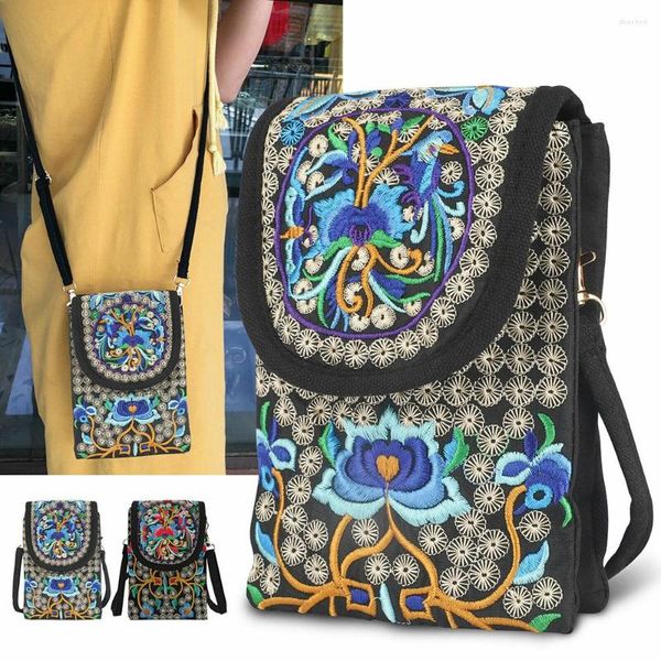 Bolsos de noche Retro para mujer, bolso para teléfono móvil, bandolera, cartera de hombro, bolso de mano, estilo étnico, bordado, lona con tapa para mujer