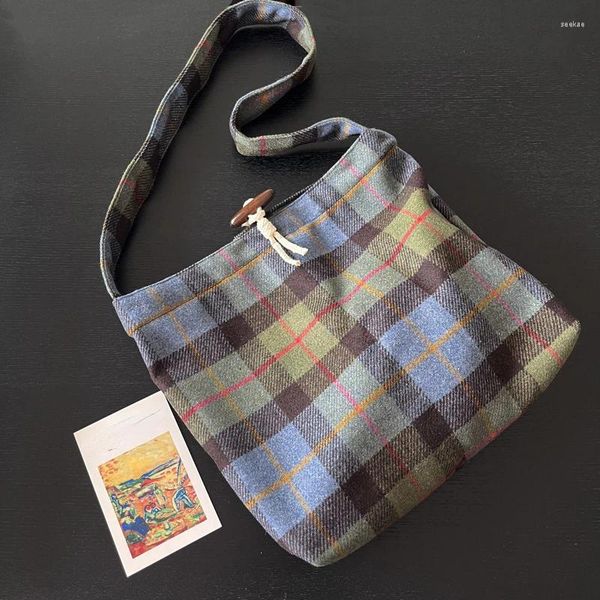 Bolsas de noche Retro Plaid Hombro de las mujeres de gran capacidad Mujer Bolsa de mensajero de lana Diseño Vintage Casual Tote Girls Libro Bolsos