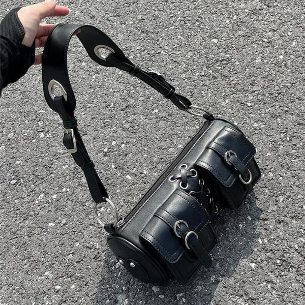Sacs de soirée Retro Underarm Bag Sacs à main de luxe Femmes Designer Femme Design Moto Épaule Cylindrique Messenger Noir