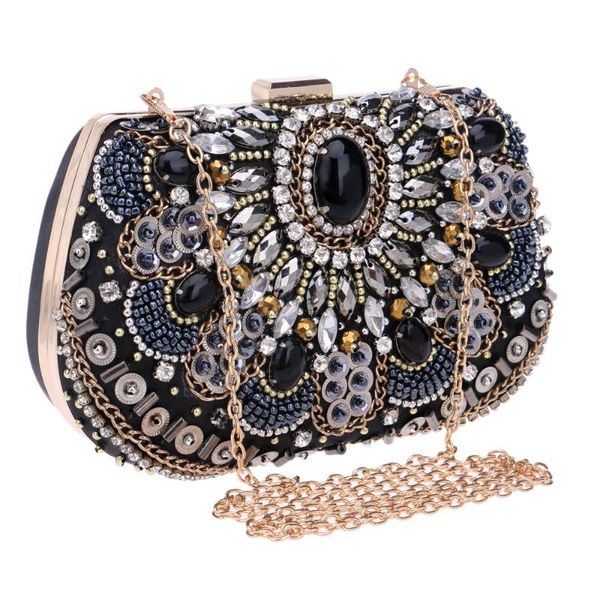 Bolsos de noche, bolso de diamantes de imitación para mujer, bolso de mano de concha negra para boda, monedero para mujer, cuentas de cristal, cadenas de embrague de día, bolso de noche