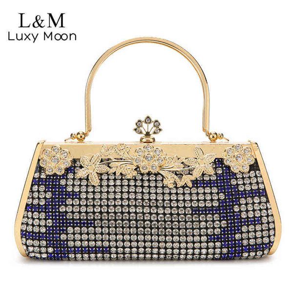 Bolsos de noche Rhinestone Bolso de lujo para mujer Hollow Out Leaf Bolso de noche Mango de metal Flor Embrague Monederos y bolsos Retro Sac X794h 220318