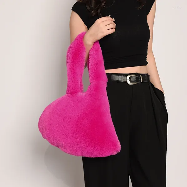 Sacs de soirée Rose Rouge Sac en peluche pour femmes Love Heart Soft Fluffy Sac à main Épaule Luxe Fausse Fourrure Hiver Chaud Shopper Sac fourre-tout