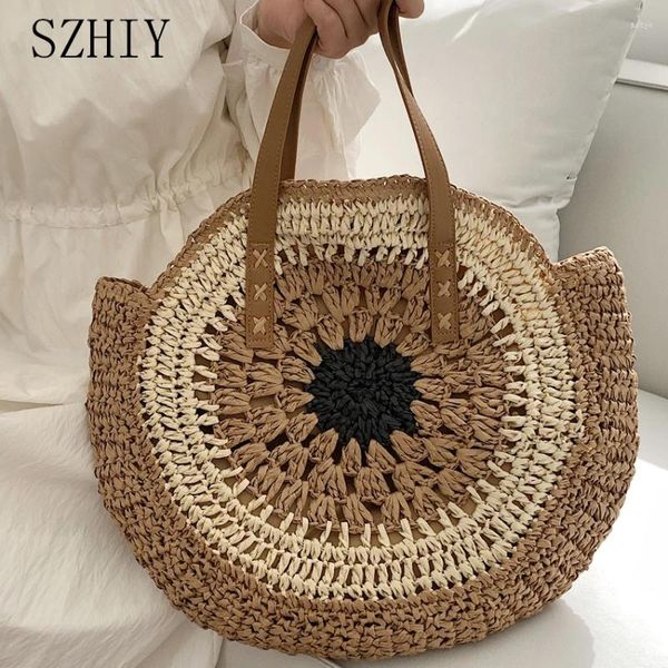 Sacs de soirée Round Paille Sac tissé Summer grande capacité Tote Designer Fashion Fashion Vacation Contrast Bohemian Shopping Pocket