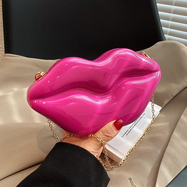 Bolsos de noche, bolso de mano de fiesta con forma de labio Sexy para mujer, monederos y bolsos de boda rosas de lujo, bandolera de hombro con cadena para mujer