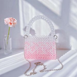 Avondtasjes SHINE Zomer Gradiënt Roze Kleine Doos Kralen Handtassen Handgemaakte Kralen Geweven Metalen Ketting Crossbody Unieke Trendy Party Purse