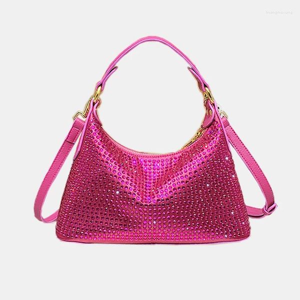 Bolsos de noche Hobos de diamantes de imitación brillantes para mujeres Bolsos de diseñador de lujo Monederos 2024 En moda Rose Red Hombro Crossbody