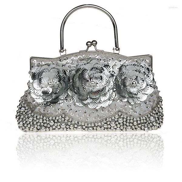 Bolsos de noche, bolso de mano para banquete con lentejuelas y cuentas de plata china para mujer, bolso de mano para boda, monedero, maquillaje 1323-A