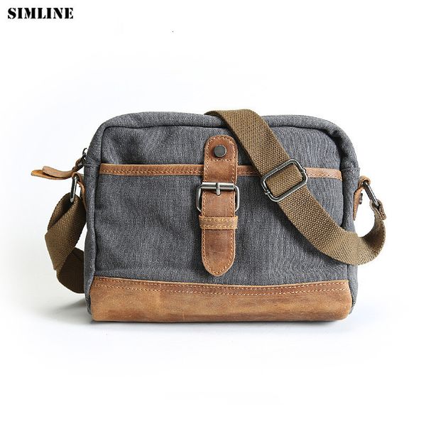 Sacs de soirée SIMLINE Toile Et Crazy Horse En Cuir Véritable Messenger Sac Hommes Vintage Casual Hommes Épaule Bandoulière Sac À Main Pour Homme 230210