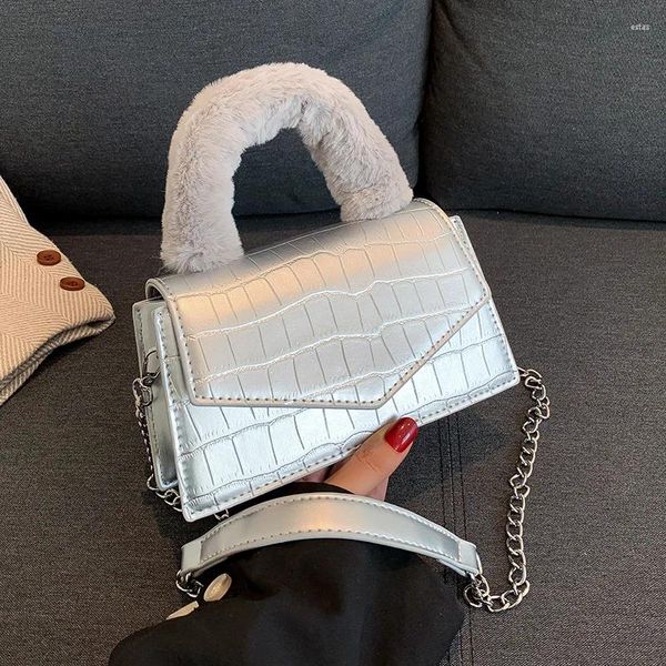 Sacs de soirée Sac à poignée en peluche douce et moelleuse Femmes Petit motif de pierre Bandoulière Femme Solide Couleur Cuir Sac à main Chaîne Épaule Argent