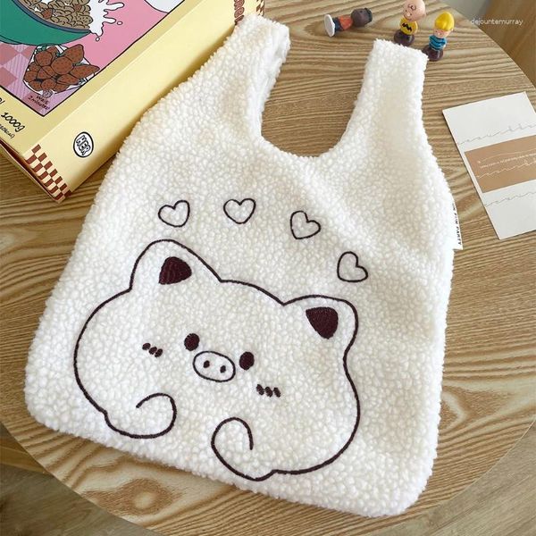 Sacs de soirée Sacs à main d'embrayage en peluche douce pour femmes Sacs à main Dessin animé Broderie Femme Furry Fourre-tout Shopper Faux Laine d'agneau Gilet Sac à bandoulière