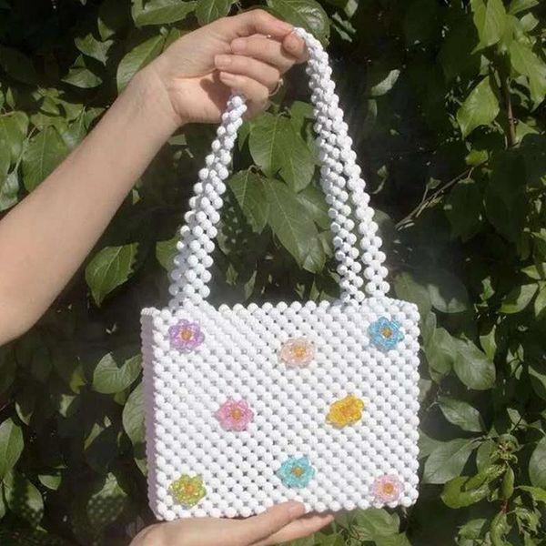 Sacs de soirée couleur unie blanc femme pochette perles été mélange cristal petite fleur perlée gelée sac à main