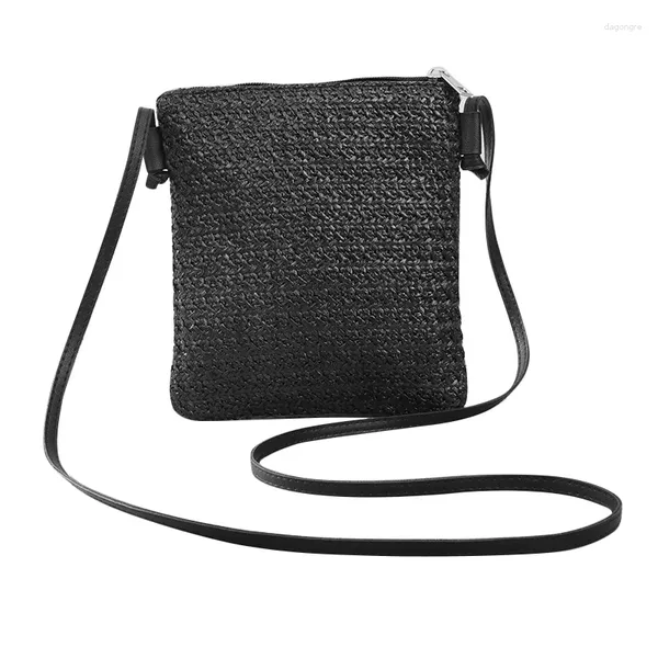 Bolsos De Noche Trenza De Paja Pequeño Cuadrado Un Hombro Bolso Cruzado Inclinado Bolso Monederos Casual Vacaciones Playa - Negro