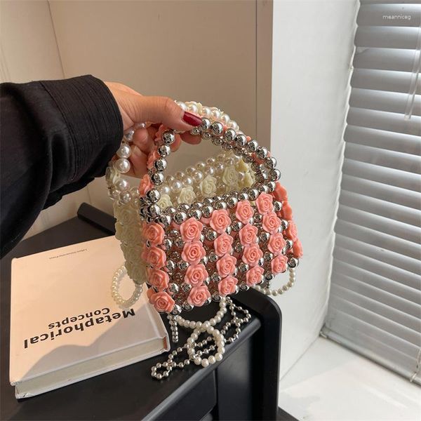 Bolsos de noche Mini bolsos de perlas de flor de rosa de verano para mujeres de alta calidad con cuentas de cadena tejida a mano bolso de crossbody de mujer personalización