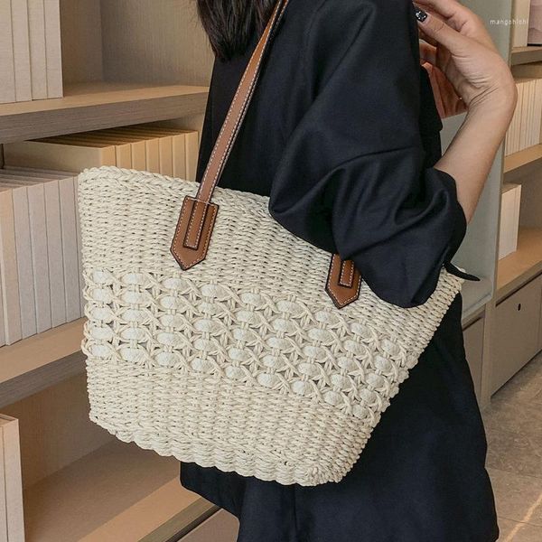 Bolsos de noche, bolso de cubo de paja de verano 2023, cesta de playa de gran capacidad a la moda para mujer, bolso tejido, bolso de compras de hombro femenino