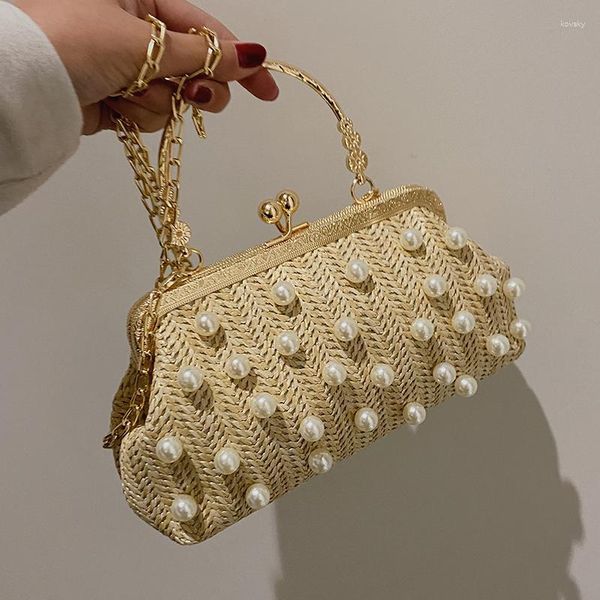 Bolsas de noche Bolso tejido de paja de verano Perla Decorar Bolso de hombro de lujo para mujer Abrazadera de moda Monedero cruzado Hecho a mano Top Clutch