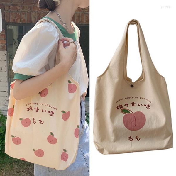 Bolsos de noche Bolso de lona con estampado de melocotón lindo y dulce Bolso de diseñador Mujeres japonesas Eco Hombro Estético para la escuela Niñas Monederos Shopper