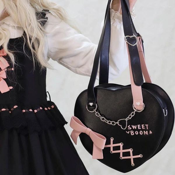 Bolsas de noche Dulce lolita bolso de hombro amor forma de corazón moda kawaii arco lujo diseñador bolso cadenas pu cuero lindo femenino