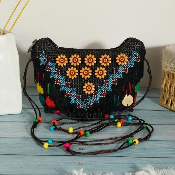 Bolsas de noche Borla Estampado de flores Diseñador Hecho a mano Ganchillo Mini teléfono Bolsa cruzada de punto Hombro femenino Bolso de playa para mujeres