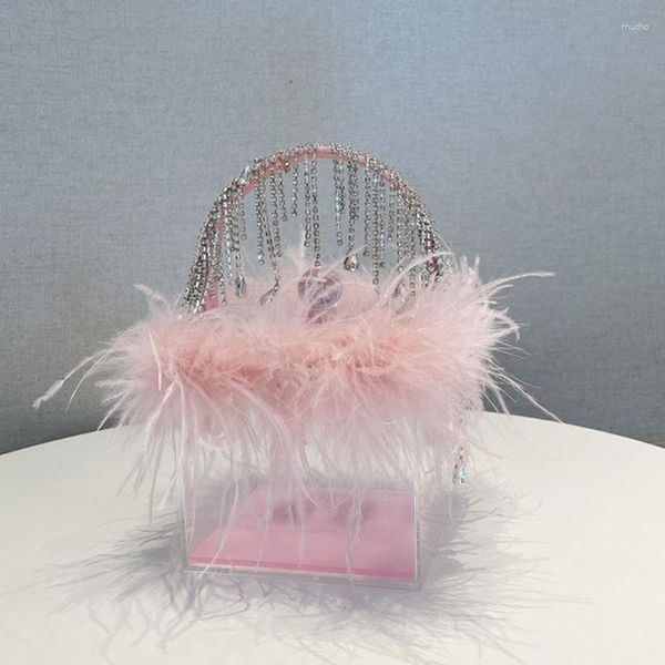 Sacs de soirée Transparent Acrylique Embrayages Mode Luxe Rose Blanc Plume Strass Gland Boîte Sac Pour Femmes De Mariage Sac À Main